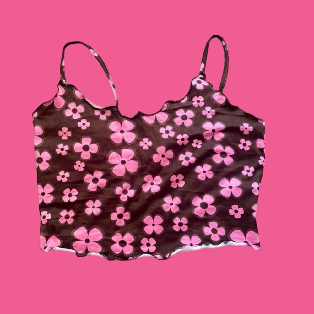 SHEIN Lettuce Trim Floral Rib-Knit Cami Crop Top Size M